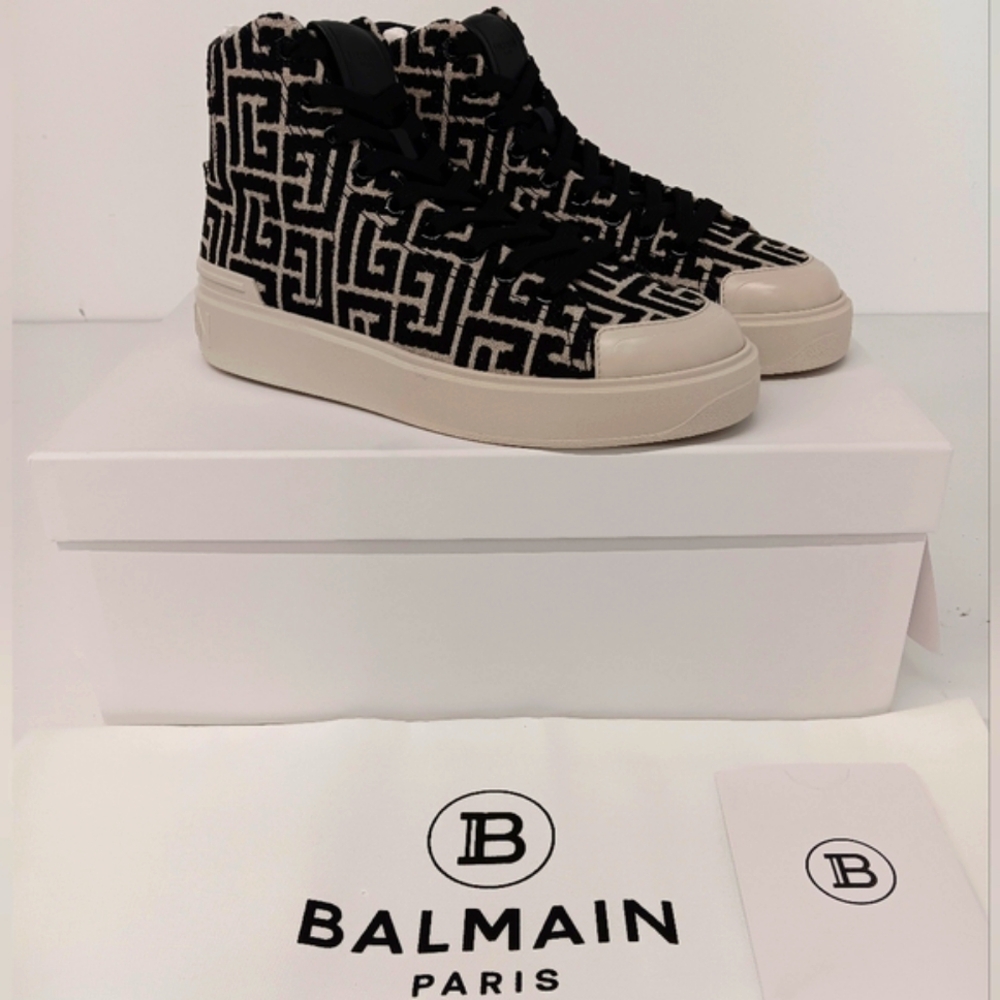 Balmain Women's B-Court Bicolor Monogram Jacquard High-Top Sneakers